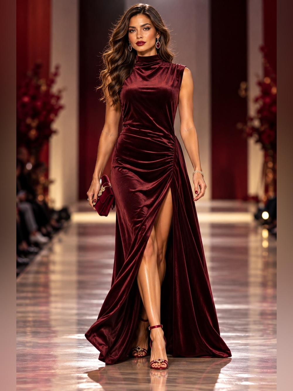 Club L London Abilene Port Burgundy Velvet High-Neck Split Maxi Dress – Size 10